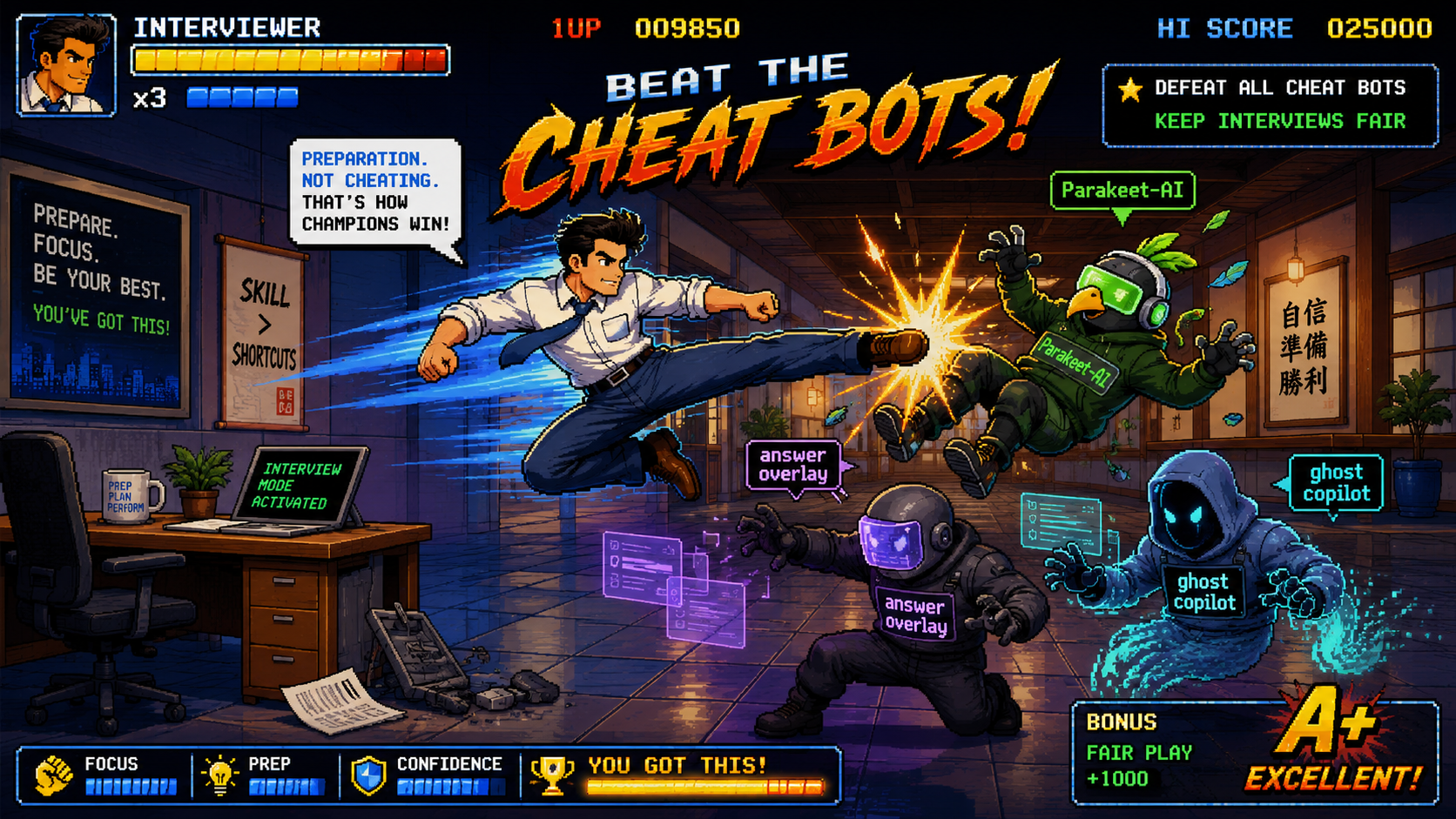 An interviewer hero fights three AI cheat bots — Parakeet AI, answer overlay, ghost copilot — in a pixel-art arcade scene. The speech bubble reads: Preparation. Not cheating. That's how champions win.